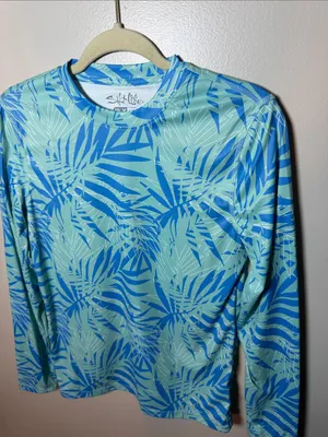Salt Life Aqua and Blue Palm-Print Long Sleeve Shirt Small UV Protection thumbnail 2