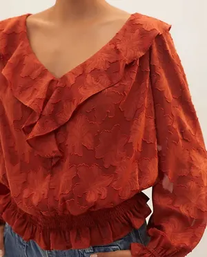 Anthropologie Size Small‎ Rust Burnt Orange Ruffle Textured Floral Blouse thumbnail 1