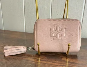 Rare Vintage HTF Pink Leather Zip Around Tory Burch Small Keyring Wallet thumbnail 1
