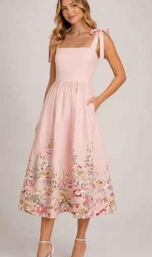 Joie Bridgerton Cottagecore Pink Floral Midi Dress Tie Shoulder Tea Party XL NWT thumbnail 1