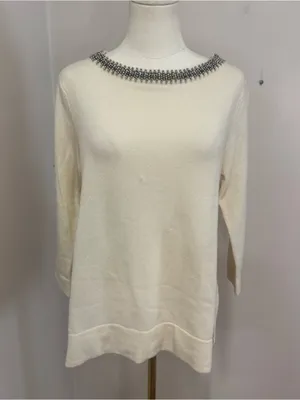 Autumn Cashmere Cream 100% Pure Cashmere Beaded Neck Sweater Large 3/4 Sleeve thumbnail 2