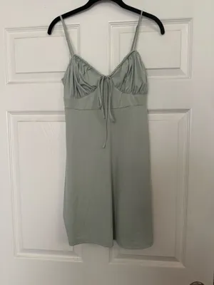 Women’s Sage Green Ruched Tie Front Mini Dress Spaghetti Strap Stretch thumbnail 2