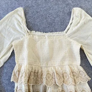 American‎ Eagle Cream Eyelet Embroidered Smocked Peasant Top Prairie Western NWT thumbnail 2