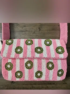 NWT Sol & Mer Collection XIIX Beaded Kiwi Pink Stripe Baguette Shoulder Bag thumbnail 8