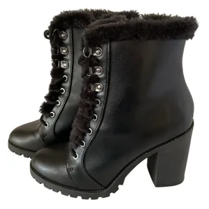 Express Faux Fur Trimmed Black Chunky Heeled Combat Platform Boots Sz 7 thumbnail 2