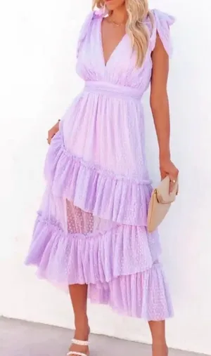 Vici Asymmetric Skirt Tie Strap Polka Dot Tie Back Detail Midi Dress Lavender Purple thumbnail 1