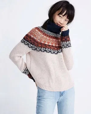 Madewell Brookdale Fair Isle Turtleneck Sweater Navy Orange Fall Small Autumn thumbnail 1