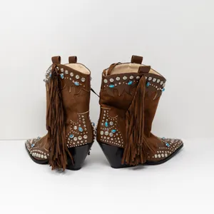 NEW Azalea Wang Anorak Faux Vegan Suede Fringe Embellished Western Booties Brown thumbnail 3