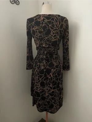 BCBGMaxAzria Black Wrap Midi Dress with Tan Floral Line Print thumbnail 3