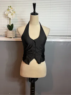 Julia by Love Black Halter Top Handkerchief Hem Y2K Clubwear Size L thumbnail 3