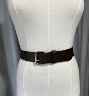 Leather Belt Size L Brown Double Prong Silver Buckle Waist Band Unisex Western thumbnail 5