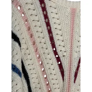 Vestique Sweater Womens Large Cream Multi Stripe Pointelle Knit Oversized Boho‎ thumbnail 9