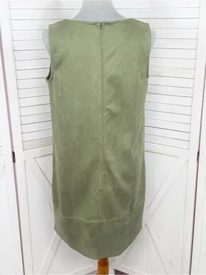 Loft Faux Suede V Neck Jumper Shift Mini Dress Olive Green 8 Tall Sleeveless thumbnail 5