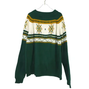MG 1980s Vintage Sweater Green & Yellow Argyle Knit Sweater Large XL Crewneck thumbnail 3
