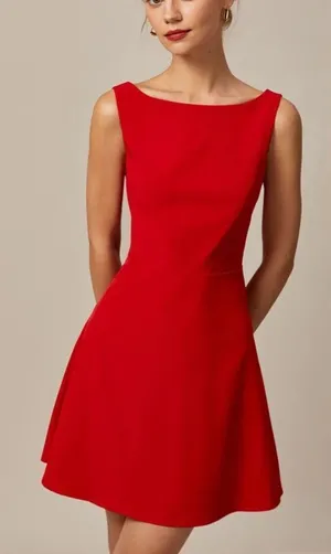 RIHOAS The Red Boat Neck High Waisted Mini Dress Small Red NWT IN PACKAGE thumbnail 1