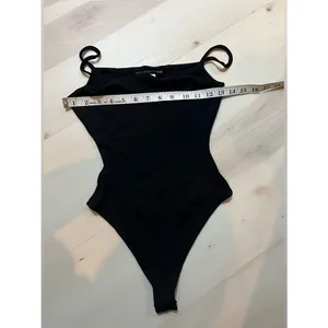 Naked Wardrobe NEW Women Black Spaghetti Strap Ribbed Knit Bodysuit thumbnail 4