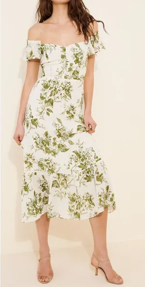 Reformation Butterfly Off-The-Shoulder Midi Dress in Green Floral thumbnail 1