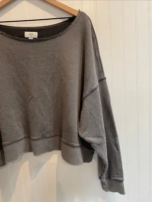 AERIE Boxy Cropped Relaxed Off-Shoulder Sweatshirt Mineral Dye Graphite Size M thumbnail 5