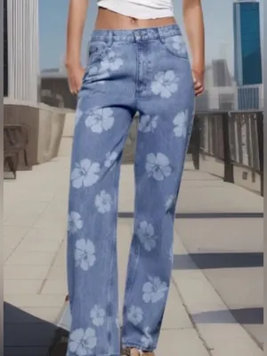Zara Light Blue Floral-Print Jeans thumbnail 3