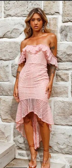 Selfie Leslie Blush Pink Off-Shoulder Ruffle High-Low Dress thumbnail 1
