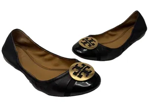 Tory Burch Minnie Cap Toe Ballet Flats All Black Size 6.5 Casual Logo Medallion thumbnail 1