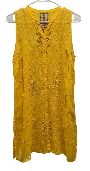 Johnny Was Embroidered Eyelet Floral Tunic Dress Yellow Cover Up‎ Resortwear XS thumbnail 1