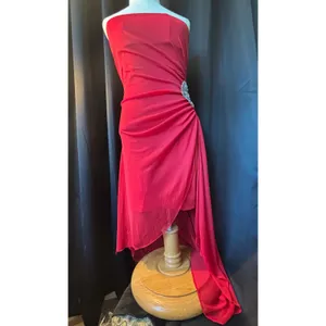 Red Strapless Ruched High Low‎ Evening Gown with Crystal Brooch Accent thumbnail 3