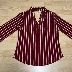 M Mine Women’s Burgundy Striped Long Sleeve Blouse Work Attire Business Casual thumbnail 2