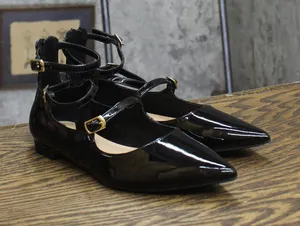 INC International Concepts Womens Valan Triple-Strapped Flats Black Patent 6M thumbnail 1