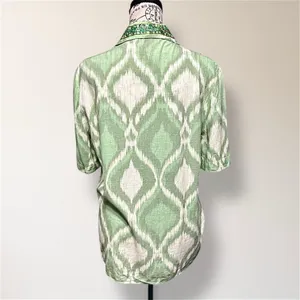 ZARA Green Cream Ikat Oversized Beaded‎ Collar Linen Blend Boho Coastal Shirt XS thumbnail 4