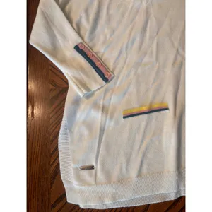 Mersea Oversized V-Neck Sweater White Multi Color Trim Button Cuff OS thumbnail 2