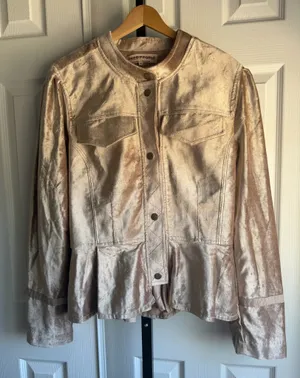 Free People Ballet Racer Jacket Cropped Velvet Ruffled Champagne Rose Size: XL thumbnail 4