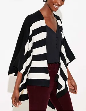 LOFT Striped Knit Sweater Poncho Cape Shrug Cardigan Black White Stripes XS/S thumbnail 1