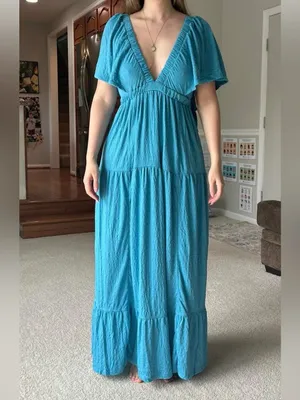 Anthropologie Teal maxi dress textured flutter short sleeve vneck ruffle tiered la la free-est thumbnail 4