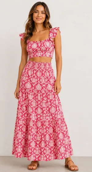 Pink & White Cropped Top with Maxi Skirt thumbnail 1