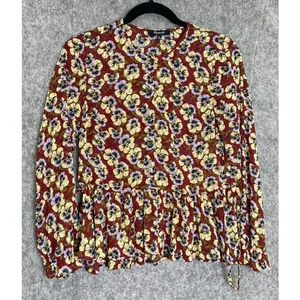 Madewell Floral Violet Pansy Blouse Burgundy Long Sleeve Peplum XS Fall Florals thumbnail 3