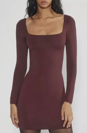 New Without Tags BROWN Babaton Contour Square Neck Long Sleeve Mini Dress thumbnail 1