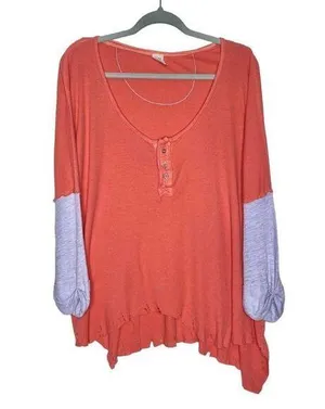 Free People We the Free Star Relaxed Distressed Henley Top Orange Linen Small thumbnail 1