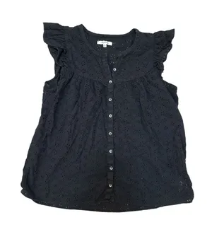 Madewell Black Eyelet Ruffle Sleeve Button Front Cotton Blouse Top M thumbnail 1