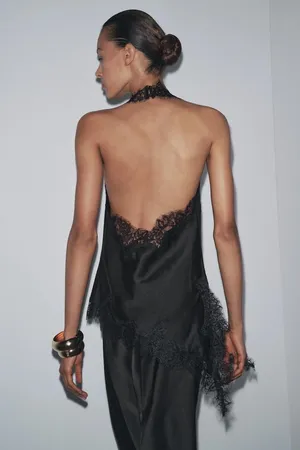 Zara elegant Black Satin Lace-Trim Halter Top thumbnail 7