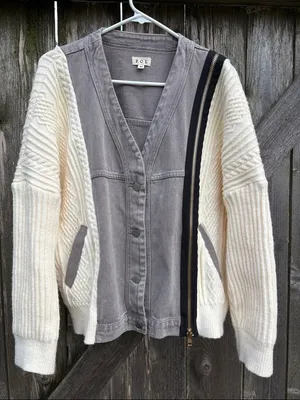 EUC POL Mixed Media Sweater Jacket Zipper Detail Button Front Medium thumbnail 1