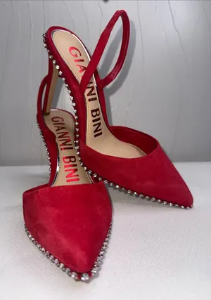 Gianni Bini red suede rhinestones-trimmed slingback pumps thumbnail 1