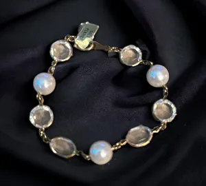 Vintage Clear Bezeled Stones And Pearl Link Bracelet thumbnail 1