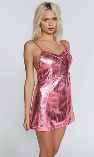 NWT For Love and Lemons Luna Pink Metallic Mini Dress Size Medium thumbnail 1