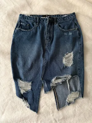 Missguided Distressed Asymmetrical Denim Skirt | Raw Hem | Size US 6 thumbnail 1