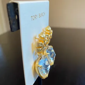 Tory Burch Kira Crystal faceted heart drops hanging from TB logo studs thumbnail 4