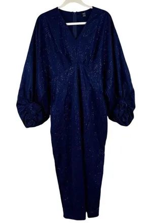 Shein Navy Blue Shimmery Long Puff Sleeve Evening Gown XL thumbnail 1