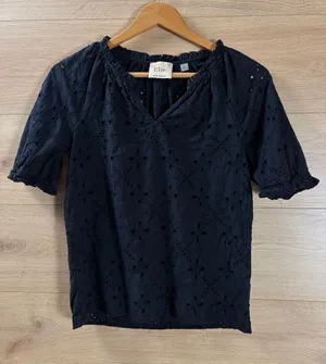 Elie Tahari Black Eyelet V-Neck Top Small thumbnail 1