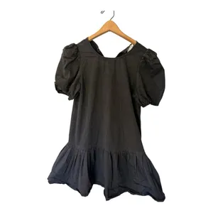TCEC Washed Black Cotton Puff Sleeve Ruffle Drop Hem‎ Mini Dress S CD02190 thumbnail 3