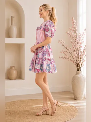 Gigio Pink Floral Ruffle Puff Sleeve Dress Size Small thumbnail 2